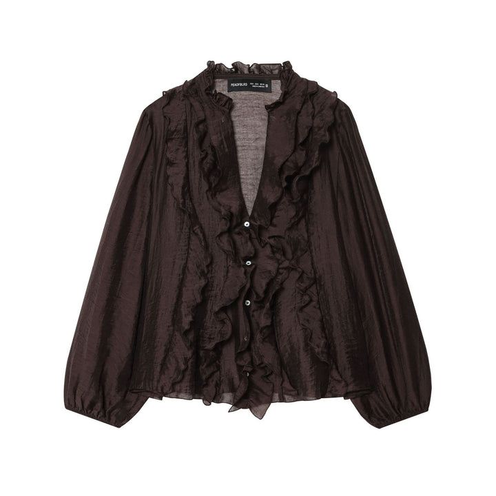 Damen seidige Rüschenbluse mit Stehkragen, Volantfront und Ballonärmeln – Élovi
