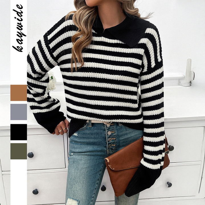 Damen nan gestreifter Polokragen-Strickpullover mit weitem Saum und ausgestellten Bündchen Echo Archiv