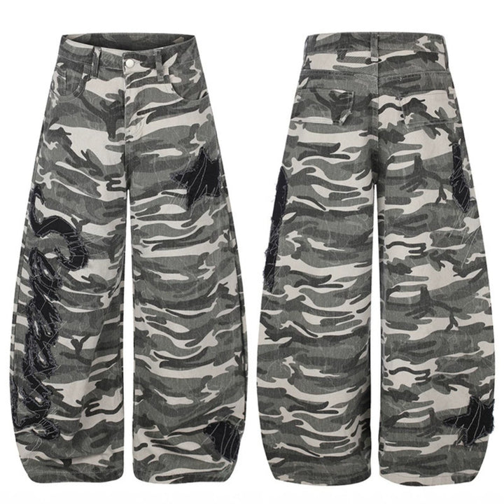 Damen Weite Camouflage‑Palazzo‑Hose mit Ballon‑Saum und dekorativen Stickdetails Echoarchiv