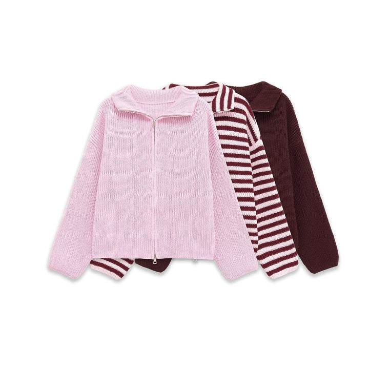 Damen Gestreifte Strick‑Zipjacke im Cropped‑Boxy‑Schnitt mit Hemdkragen Echoarchiv
