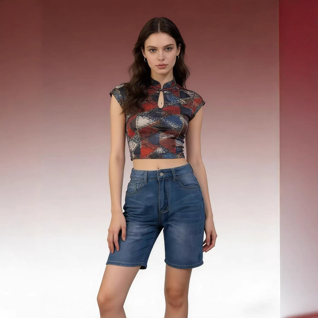 Damen figurbetontes Cropped Oberteil mit Stehkragen und kurzen Ärmeln Echo Archiv