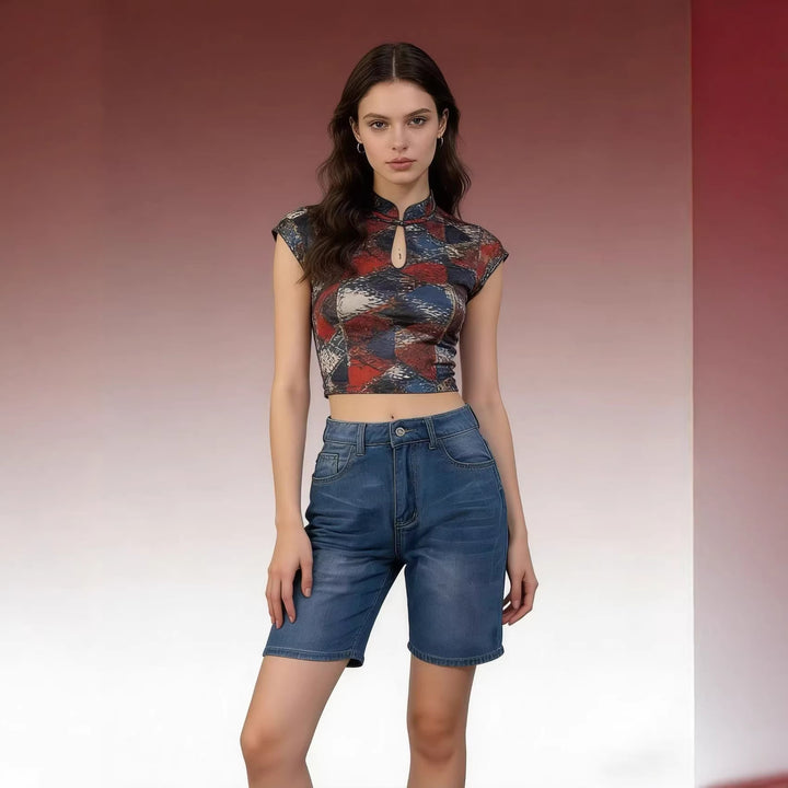 Damen figurbetontes Cropped Oberteil mit Stehkragen und kurzen Ärmeln Echo Archiv