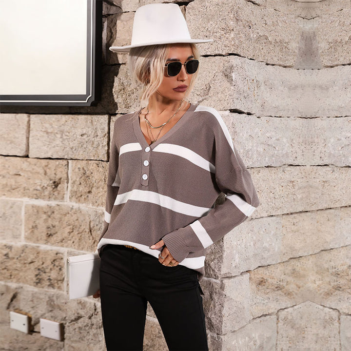 Damen Oversize V-Ausschnitt Strickpullover mit Knopfleiste und Blockstreifen Echoarchiv