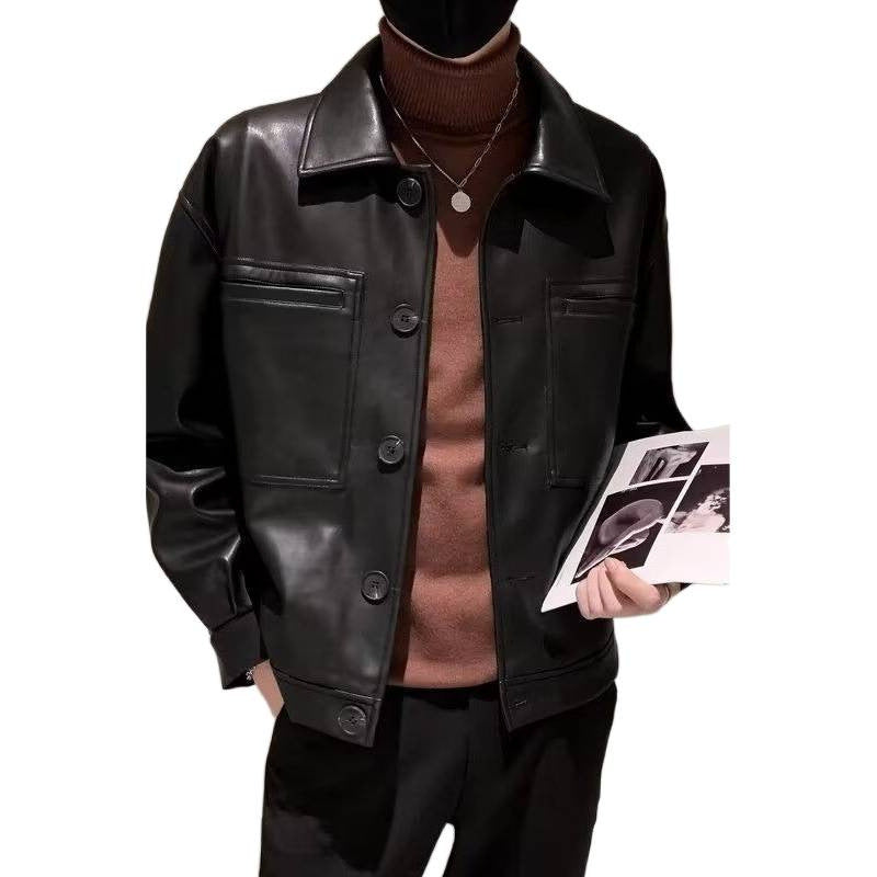 Herren Boxy Overshirt aus Lederoptik mit Hemdkragen und aufgesetzten Brusttaschen Echoarchiv