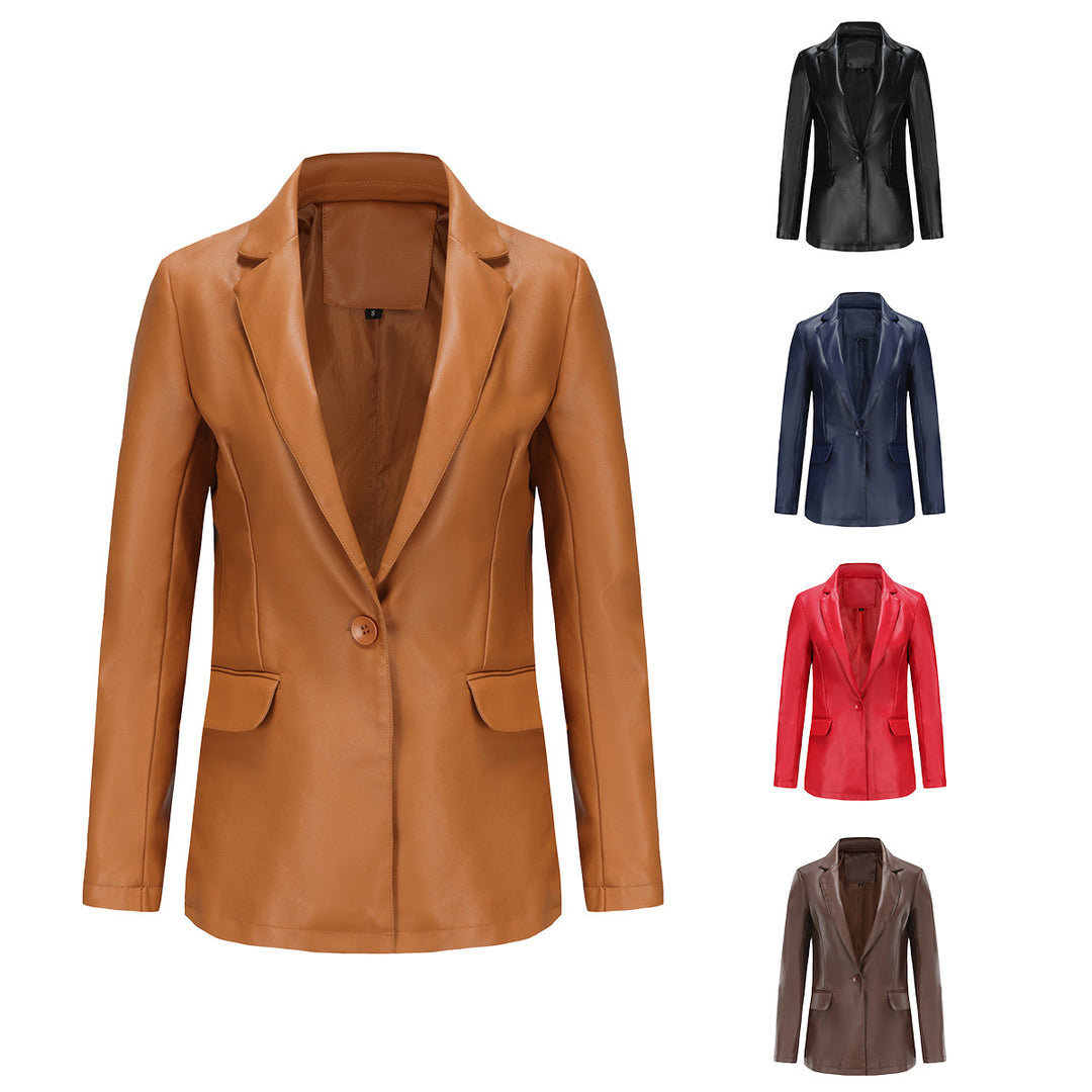 Damen nan taillierter Blazer aus Kunstleder mit Reverskragen und Pattentaschen Echo Archiv