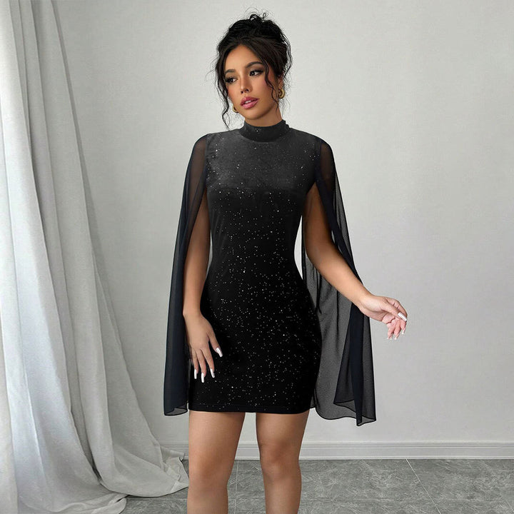 Damen figurbetontes Minikleid mit fließenden Cape-Ärmeln und funkelnder Punktverzierung – Élara