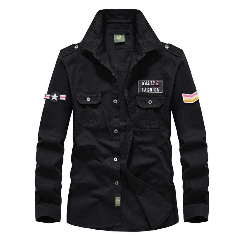 Herren nan militärisches Langarm-Utility-Hemd mit aufgesetzten Brusttaschen, Schulterklappen und dekorativen Stickpatches Echo Archiv