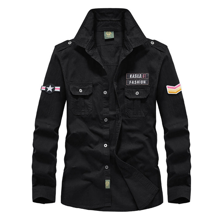 Herren nan militärisches Langarm-Utility-Hemd mit aufgesetzten Brusttaschen, Schulterklappen und dekorativen Stickpatches Echo Archiv