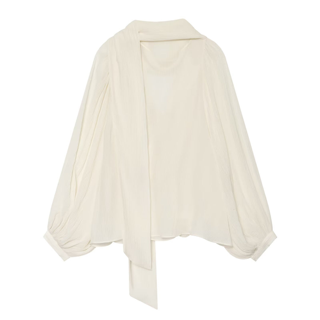 Damen Drapierte Chiffonbluse mit Wasserfall‑Schalkragen und Ballonärmeln Echo Archiv