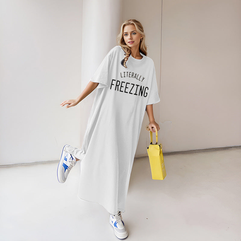Damen lässiges Oversize Maxi-T-Shirt-Kleid mit Rundhals und Statement-Print – Valéora
