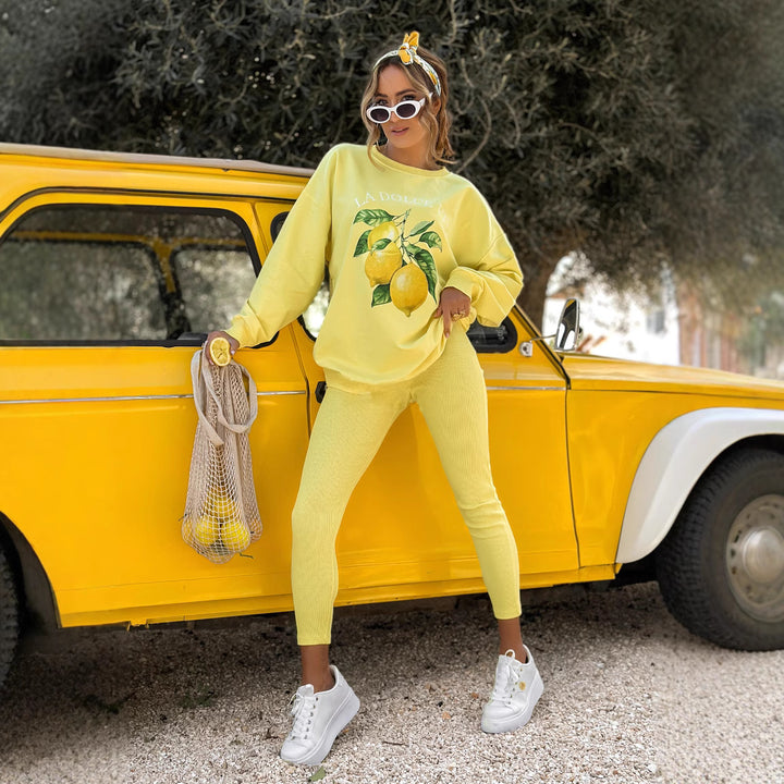 Damen lässiges Sweatshirt-Set mit Zitronenprint und gerippten Leggings – Avérine
