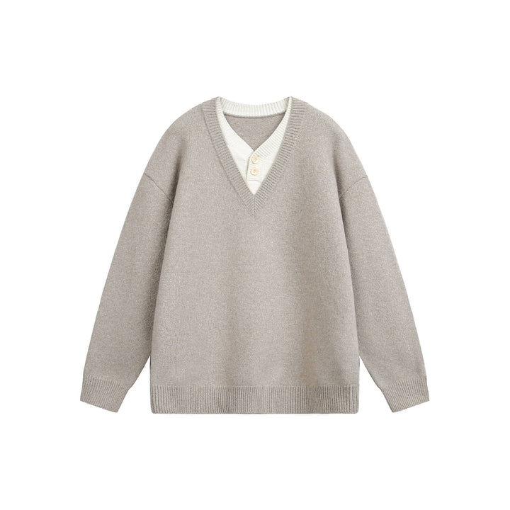 Damen Oversize V Neck Strickpullover mit Henley-Optik und gerippten Bündchen Echoarchiv