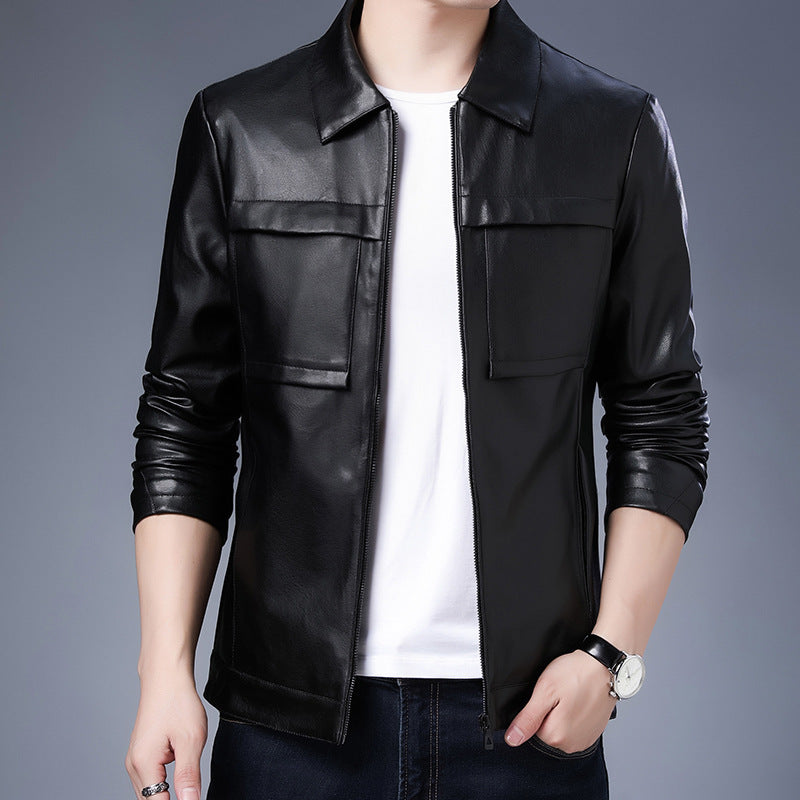 Herren Slim‑Fit Lederoptik-Truckerjacke mit Hemdkragen, verdecktem Reißverschluss und Pattentaschen Echoarchiv