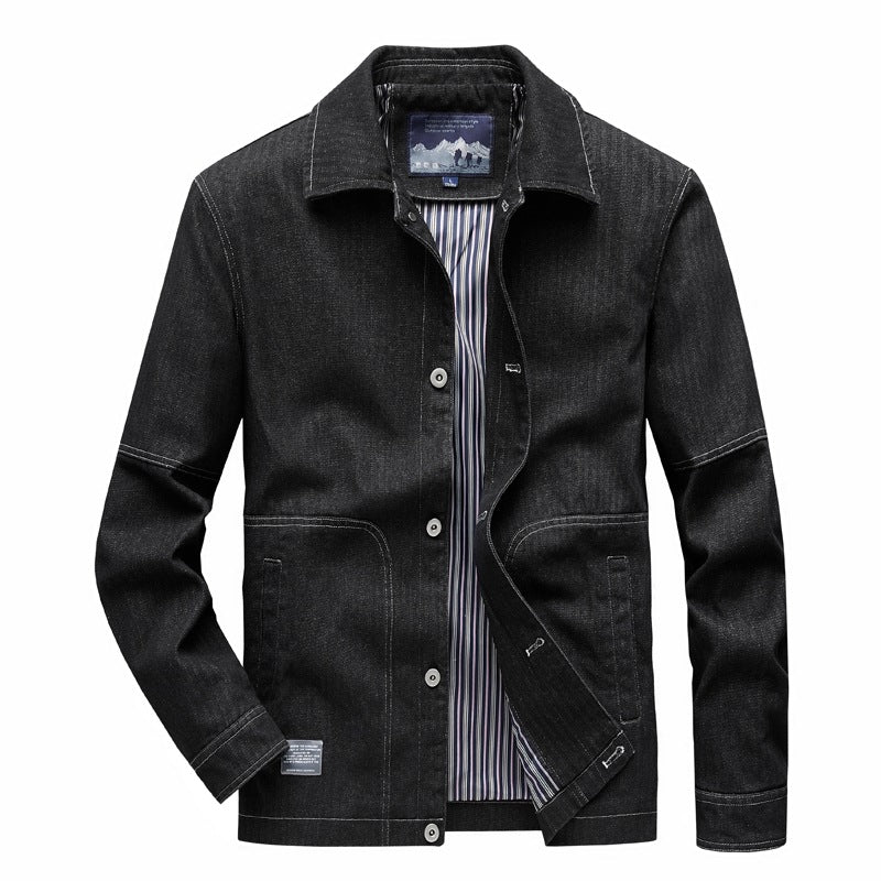 Herren Denim-Workerjacke mit geradem Schnitt, Kontrastnähten & gestreiftem Innenfutter Echoarchiv