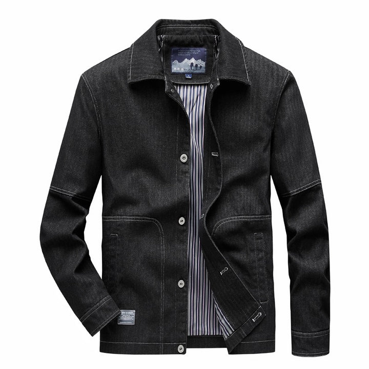 Herren Denim-Workerjacke mit geradem Schnitt, Kontrastnähten & gestreiftem Innenfutter Echoarchiv