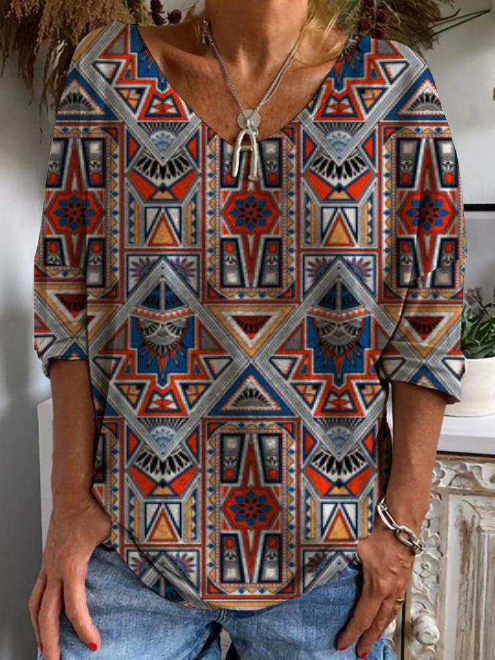 Damen Geometrische Boho-Tunika mit V-Ausschnitt und dreiviertelärmeln – Avérine