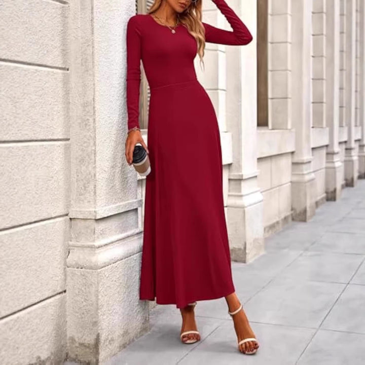 Damen Langärmeliges Maxikleid mit tailliertem Oberteil und fließendem A-Linien-Rock – Valéora