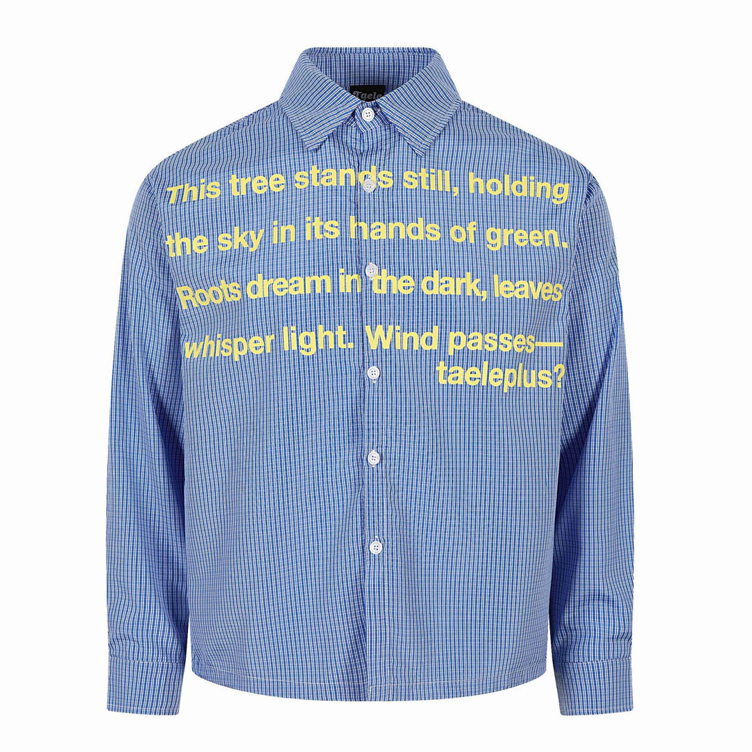 Unisex Hemdjacke mit gestreifter Seersucker‑Optik und auffälligem Typo‑Print Echoarchiv