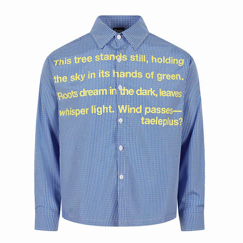 Unisex Hemdjacke mit gestreifter Seersucker‑Optik und auffälligem Typo‑Print Echoarchiv