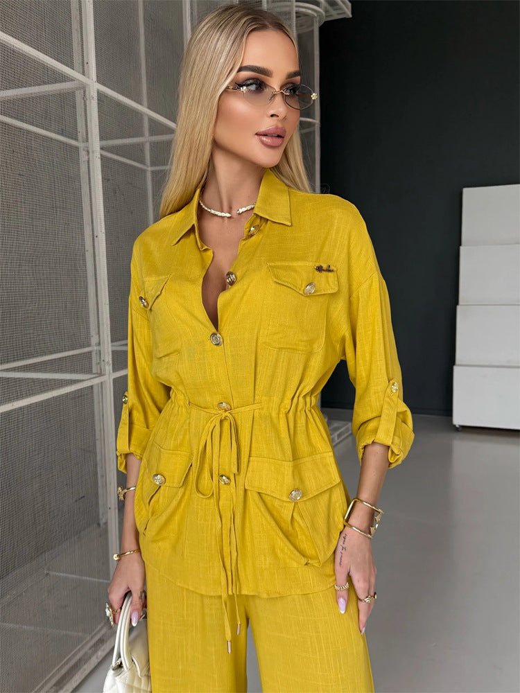 Damen Leinenoptik Utility-Hemdjacke mit Tunnelzugtaillierung und goldenen Zierknöpfen Echoarchiv