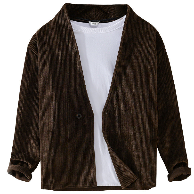Herren Cord-Overshirt-Sakko mit V-Ausschnitt und Ein-Knopfverschluss Echoarchiv