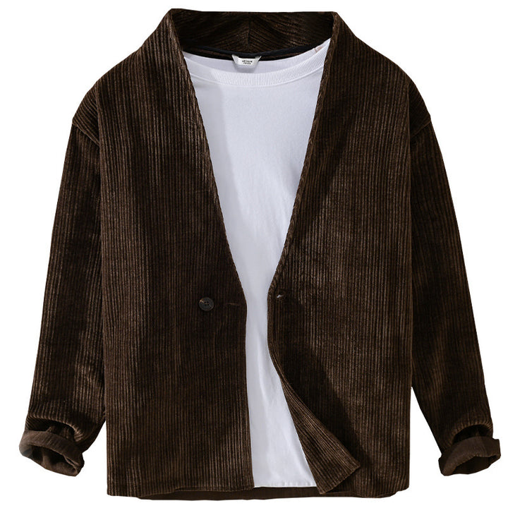 Herren Cord-Overshirt-Sakko mit V-Ausschnitt und Ein-Knopfverschluss Echoarchiv