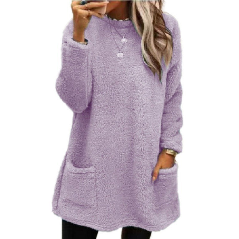 Damen nan kuscheliger langer Teddy-Pullover Oversize mit Rundhalsausschnitt und Eingrifftaschen Echo Archiv