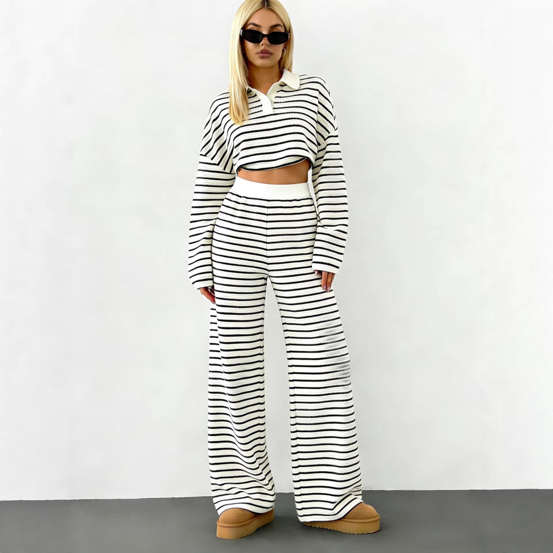 Damen Gestreifter Strickpullover mit Polokragen und Oversize-Ärmeln Echoarchiv