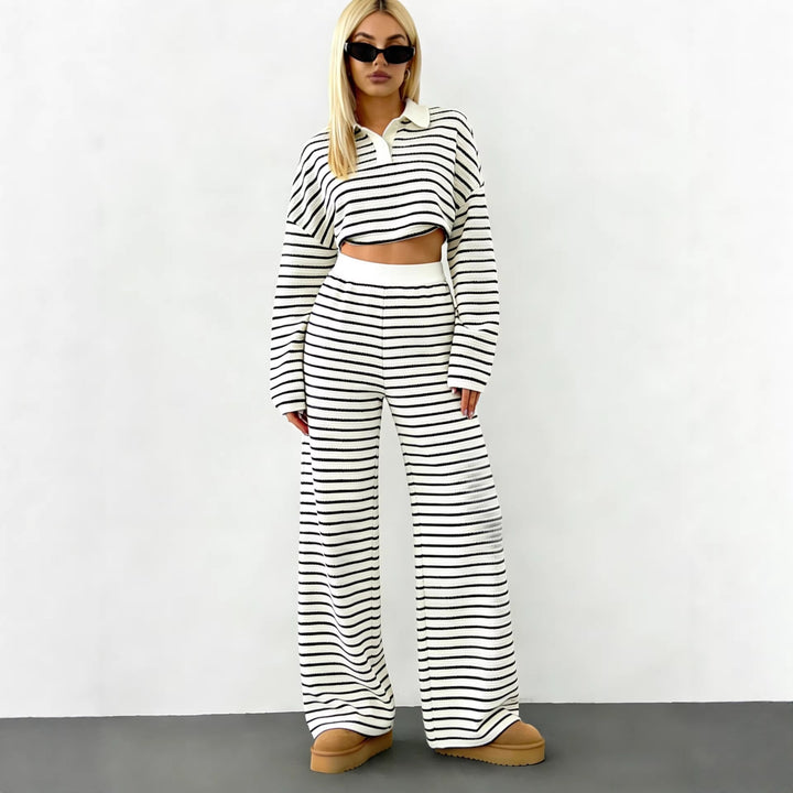 Damen Gestreifter Strickpullover mit Polokragen und Oversize-Ärmeln Echoarchiv