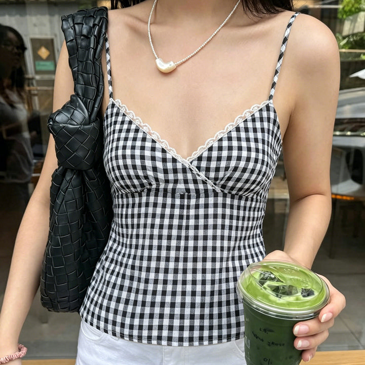 Damen V-Ausschnitt Vichy-Trägertop mit Spitzendetails Echo Archiv
