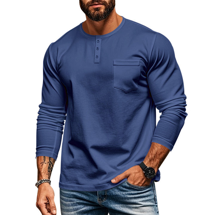 Herren langärmliges Henley-Shirt mit strukturierter Baumwolloberfläche und Brusttasche Echoarchiv