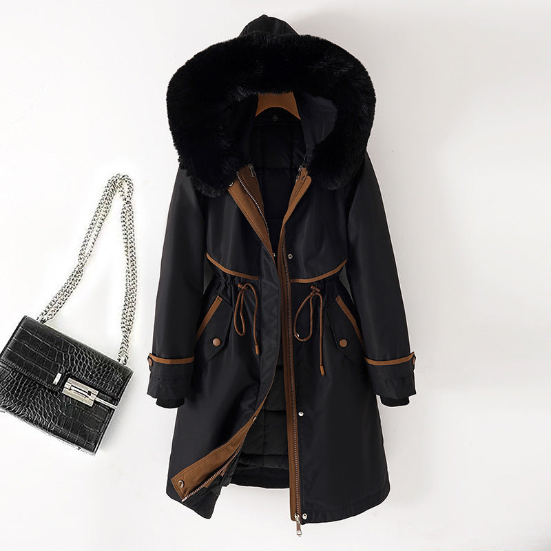 Damen nan langer Parka mit Kunstfellkapuze Taillenzug und kontrastierten Paspeln Echo Archiv