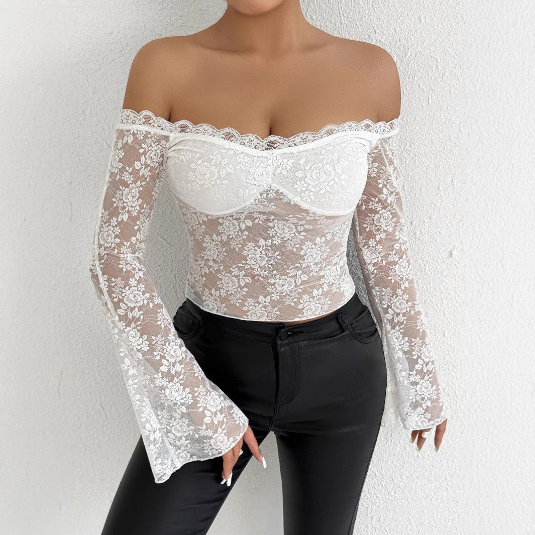 Damen Spitzenoberteil mit schulterfreiem Design und eleganten Trompetenärmeln Echo Archiv