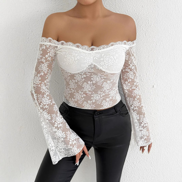 Damen Spitzenoberteil mit schulterfreiem Design und eleganten Trompetenärmeln Echo Archiv