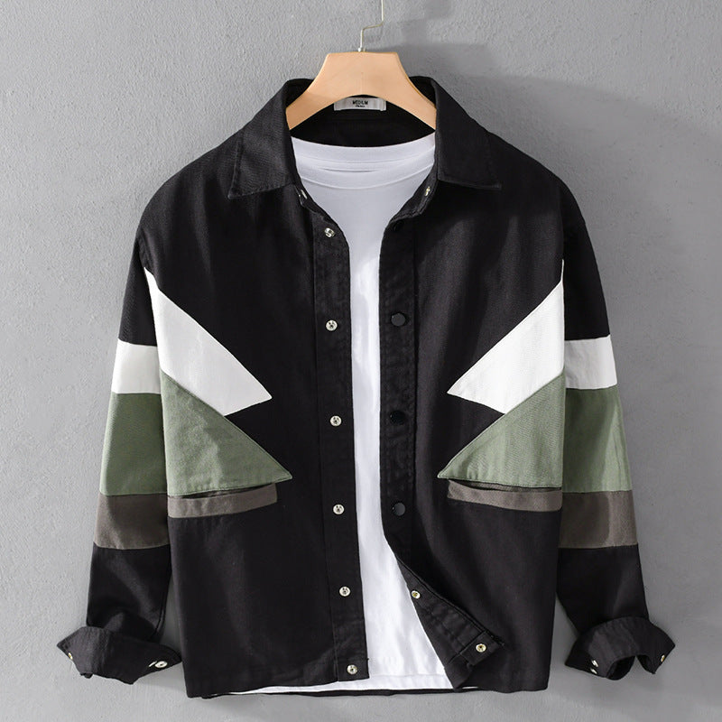 Herren Baumwoll-Overshirt im Layering-Stil mit geometrischen Colorblock-Einsätzen und Druckknopf-Leiste Echoarchiv