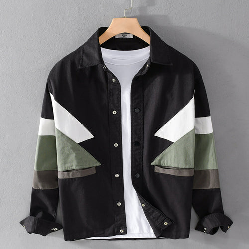 Herren Baumwoll-Overshirt im Layering-Stil mit geometrischen Colorblock-Einsätzen und Druckknopf-Leiste Echoarchiv