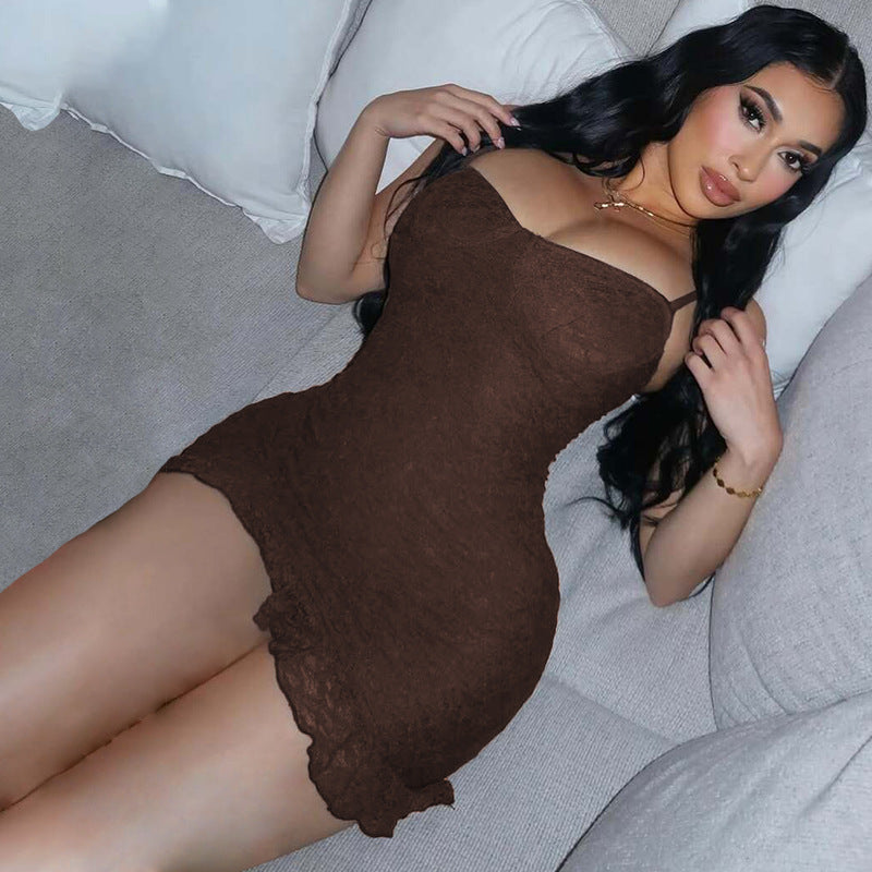 Damen figurbetontes Spitzenkleid mit verführerischem Bustier-Ausschnitt und dekorativem Saum Echo Archiv