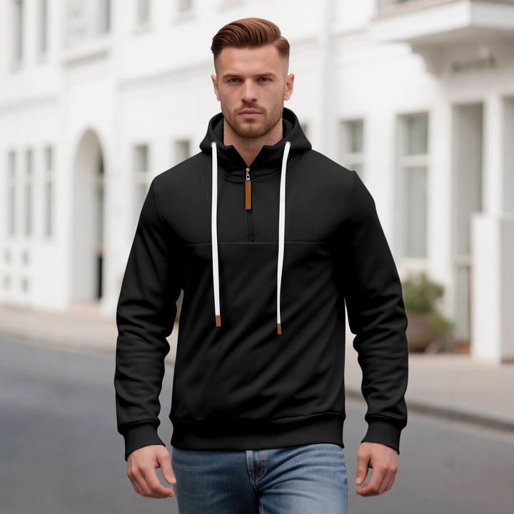 Herren Halbzip-Kapuzenpullover mit Stehkragen, Kordelzug und Lederdetails – Cavarno
