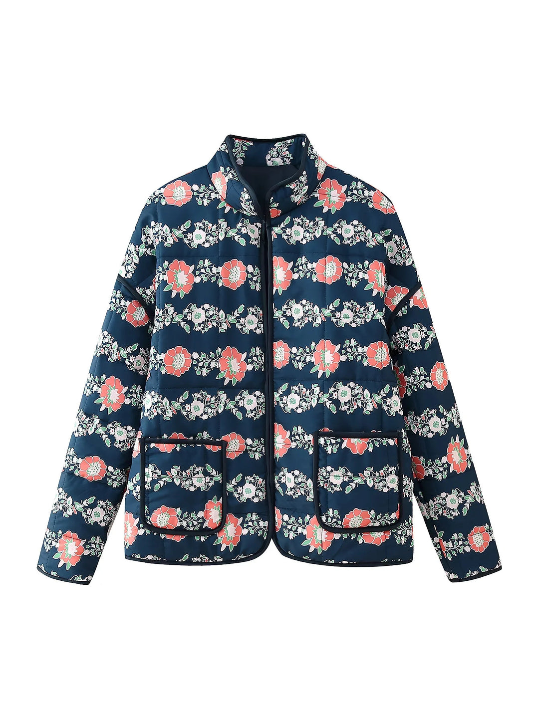 Damen 600+ gesteppte bestickte Taillengürtel‑Jacke mit floralem Muster und Stehkragen Echo Archiv