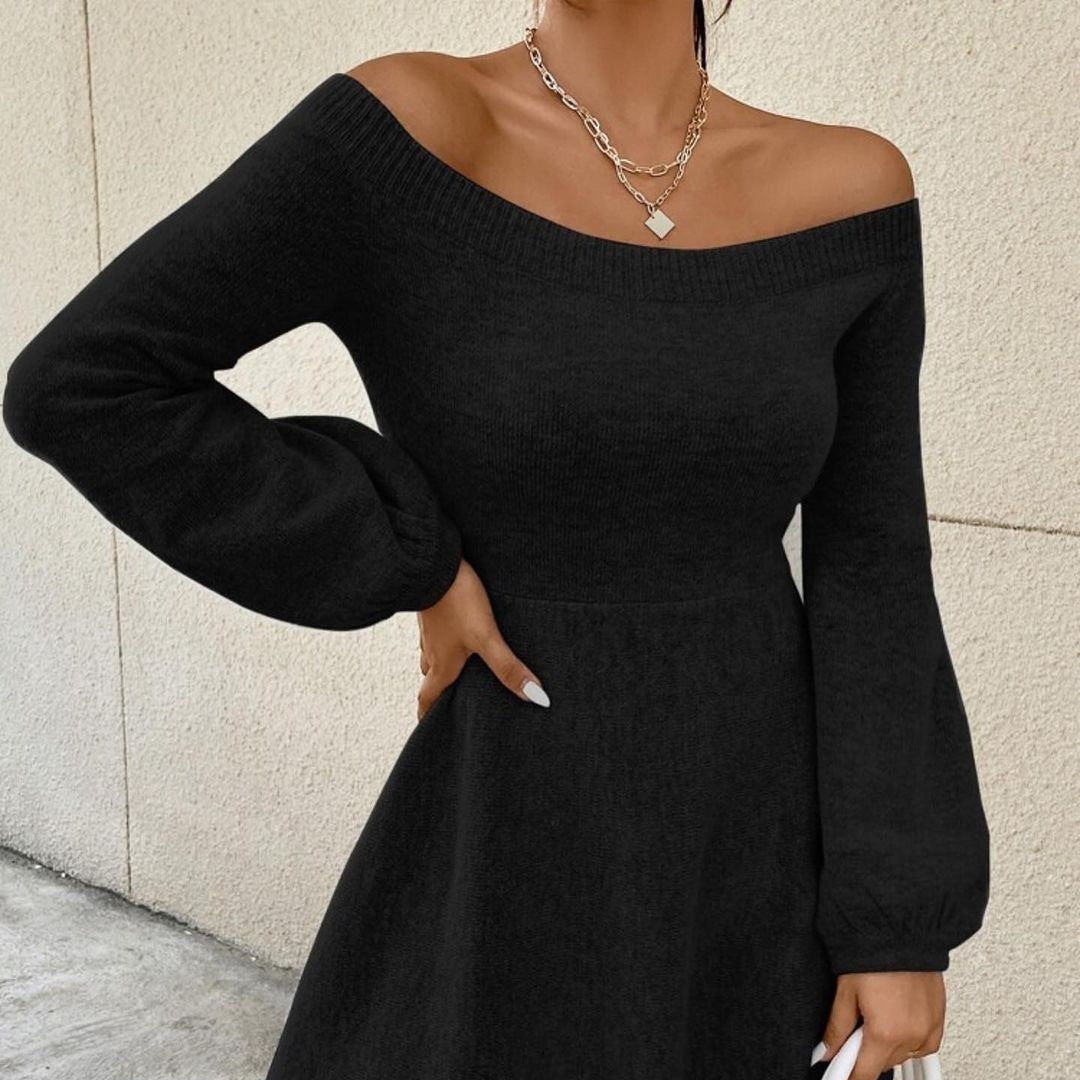 Damen Schulterfreies Feinstrick-Kleid mit taillierter Passform und Ballonärmeln Echoarchiv