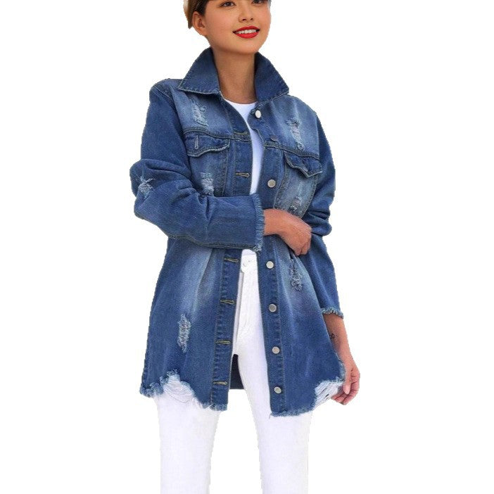 Damen Oversize-Jeansjacke mit Destroyed-Details, Fransensaum und verdeckter Knopfleiste Echo Archiv