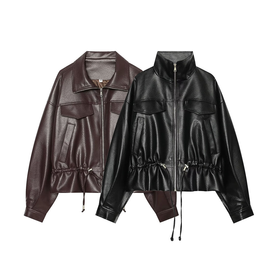 Damen Cropped Kunstlederblouson mit hohem Stehkragen, Pattentaschen und Tunnelzug Echoarchiv