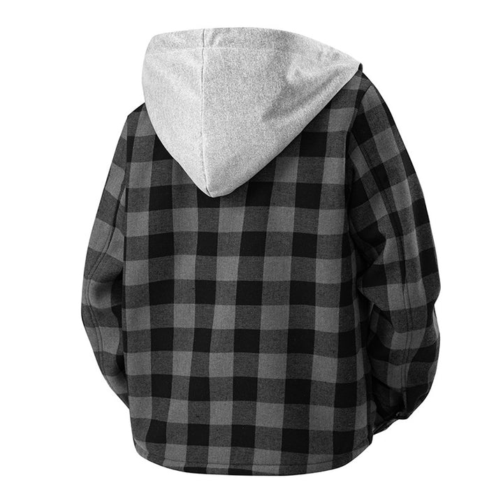 Herren kariertes Sherpa-futteriertes Overshirt mit Kapuze, Brusttasche und Druckknopfverschluss – Taviero