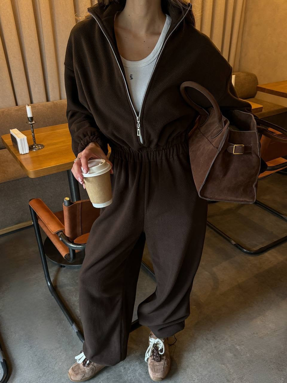 Damen Lässiger Fleece-Hausanzug mit Zip-Kapuze und elastischem Taillenbund – Avérine