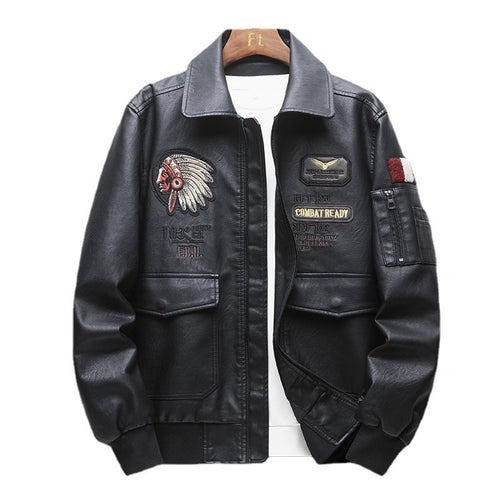 Herren Piloten‑Bomberjacke aus Kunstleder mit gestickten Patches und Rippbündchen Echoarchiv
