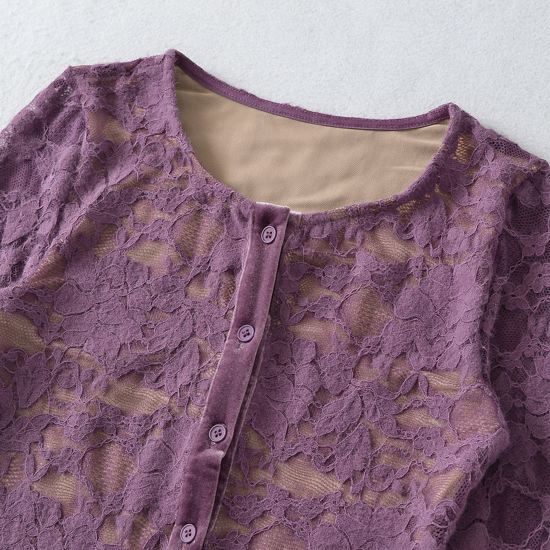 Damen Feiner Spitzen-Cardigan mit passendem Untertop und Samtbesatz Echoarchiv