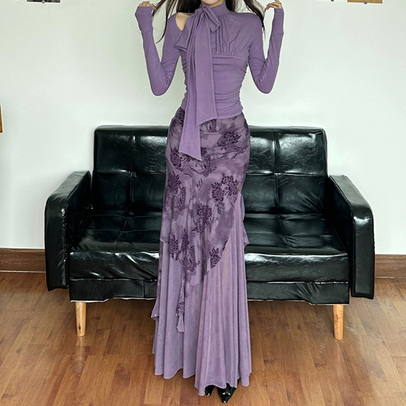 Damen eleganter asymmetrischer Maxirock mit floralen Verzierungen Echo Archiv