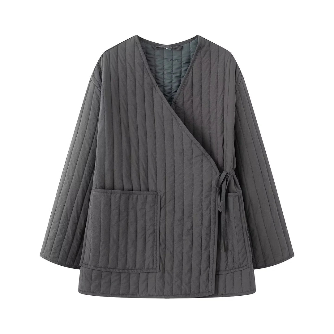 Damen gesteppter Kimono-Wickel-Loungewear-Set mit weiter Bundhose – Élanora