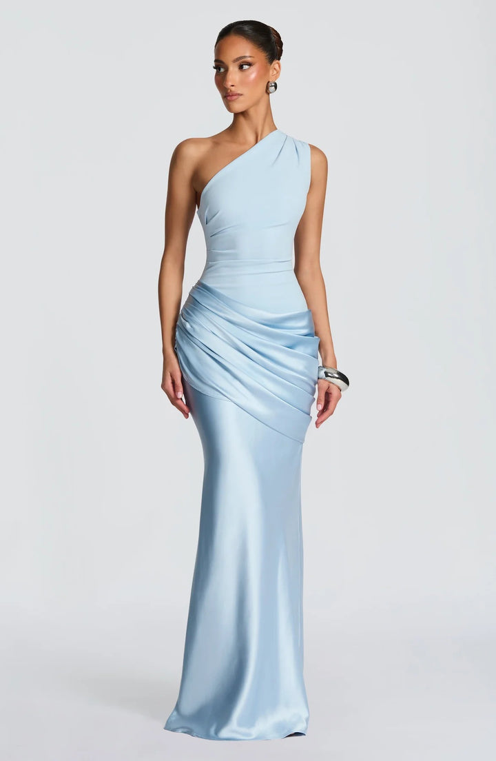 Damen elegantes asymmetrisches Satin-Abendkleid mit Drapé-Design Echo Archiv