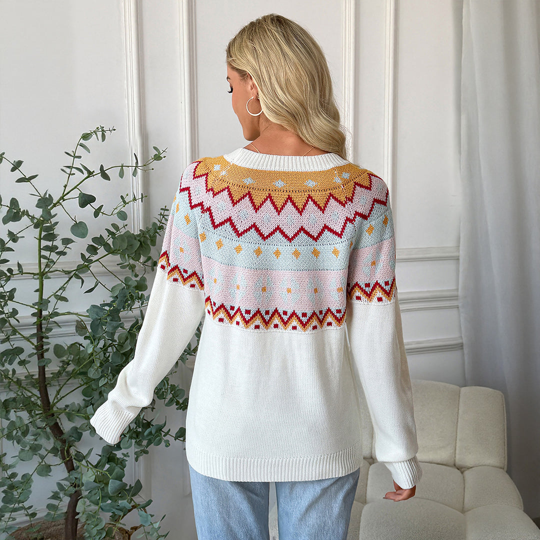 Damen Gemusterter Strickpullover mit Rundhalsausschnitt und Fair-Isle-Motiv Echoarchiv